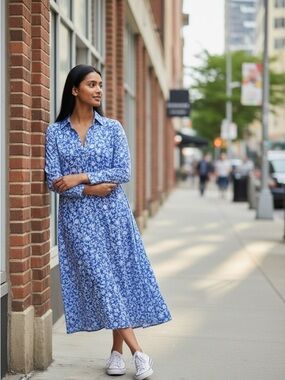 Citrine Blue Floral Shirt Dress | Midi | Button Front | NWT | Size Large